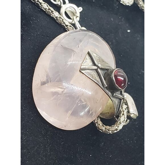Sterling Silver 925 Rose Quartz & Garnet Cabochon Necklace On Snake Chain - Picture 12 of 13